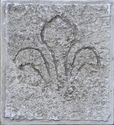 a close up of a stone plaque with a fleur de lis design on it