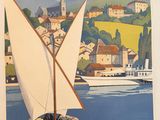 a poster of a sailboat on the water with a mountain in the background