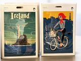 two pictures of a woman riding a bike on a table