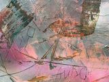 abstract painting of a bird on a pink and blue background