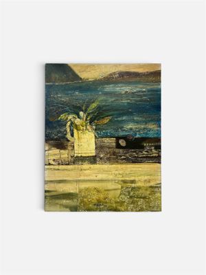 a painting of a vase of flowers on a table by the water