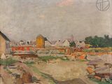 an image of a painting of a farm yard with a barn in the background