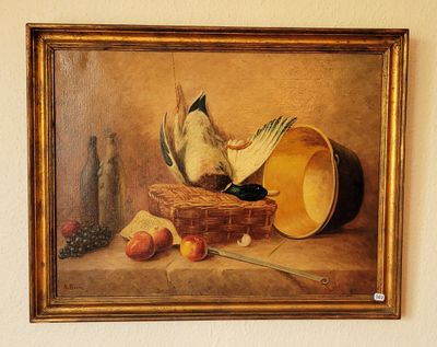 une photo d'un tableau représentant un oiseau et une corbeille de fruits