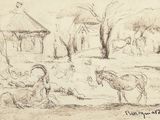 sketches of a drawing of a woman and a horse in a field