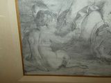 drawing of a man kneeling in front of a painting of a woman and a horse