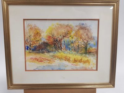 aquarelle encadrée représentant un paysage avec des arbres en automne