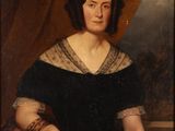 a painting of a woman in a black dress sitting on a chair