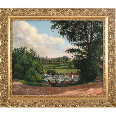 un tableau représentant un paysage avec une rivière et des arbres