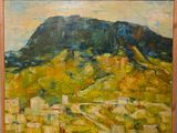 une peinture à l'huile représentant une montagne avec un village au premier plan