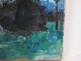 a painting of a cow in a field with trees in the background