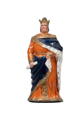 statue of a man dressed in orange and blue with a crown