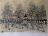 drawing of a drawing of a horse and carriage in a park