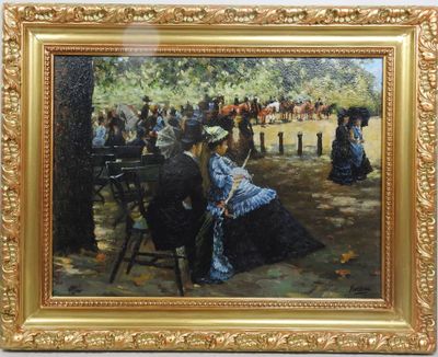 tableau représentant un couple assis sur un banc dans un parc