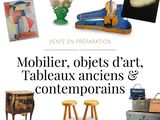 an image of a poster with a picture of a table, stool, and other items