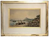 framed picture of a painting of boats on the water near a shore