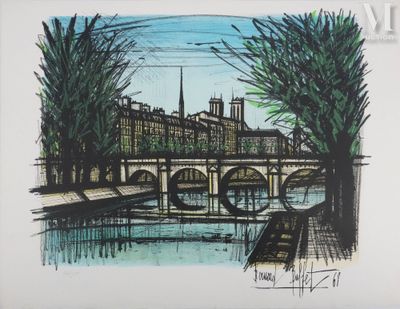 dessin représentant un pont enjambant une rivière, avec une tour horloge en arrière-plan