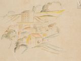 an image of a drawing of a village with a mountain in the background