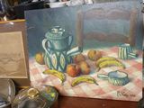 une peinture représentant une nature morte avec des fruits sur une table