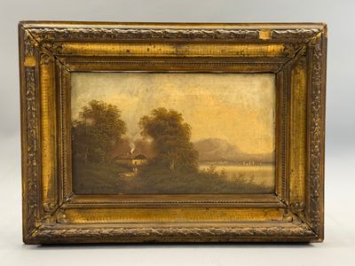 une peinture d'un paysage avec des arbres et une maison au loin