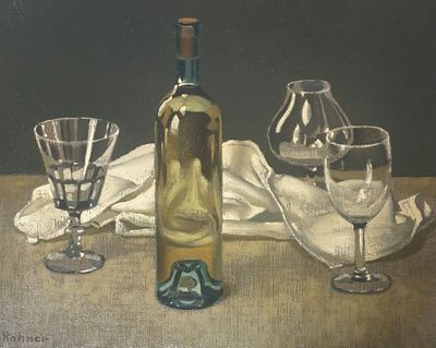 une peinture représentant une bouteille de vin et deux verres posés sur une table