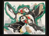 a painting of two birds that are sitting on the ground