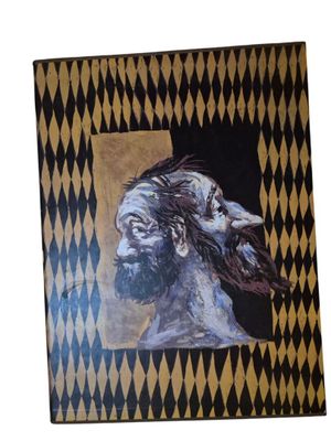 painting of a man with a beard and a goat on a black and gold checkered background