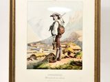 an old print of a man with a hat and a backpack