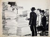 a black and white drawing of a man standing in front of a pile of papers