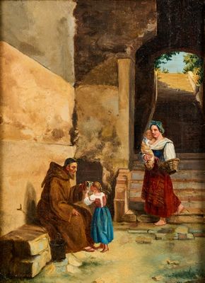 Ecole du XIXe Rencontre avec un moine Huile sur toile