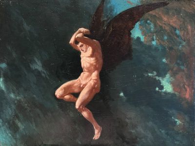 une peinture à l'huile représentant un personnage masculin ailé sur fond bleu
