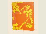 orange and yellow painting of a man on a horse in a square