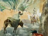 une image représentant un tableau où l'on voit une femme en train de laver une vache dans une rivière
