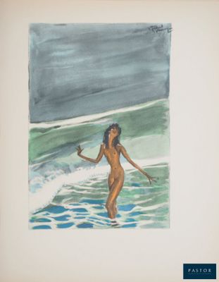 un tableau représentant une femme debout dans l'eau