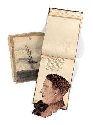 un livre ouvert sur lequel figure l'image d'un homme dans un bateau