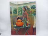 a painting of a woman sitting at a table with pumpkins on it