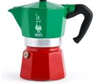 a green and red stove top coffee maker on a white background