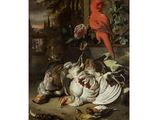un tableau représentant un oiseau, un oiseau et d'autres oiseaux posés sur une table