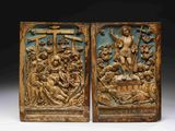 pair of carved wood panels depicting the crucifix of jesus and other religious figures