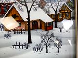 une photo d'un tableau représentant un village sous la neige