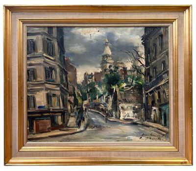 an oil painting of a street scene with buildings and a clock tower