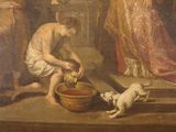a painting of a man washing a dog in a bowl