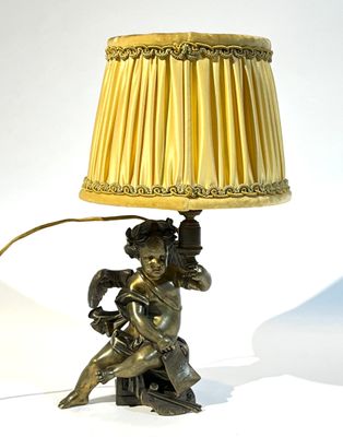 une lampe posée sur une table et munie d'un abat-jour
