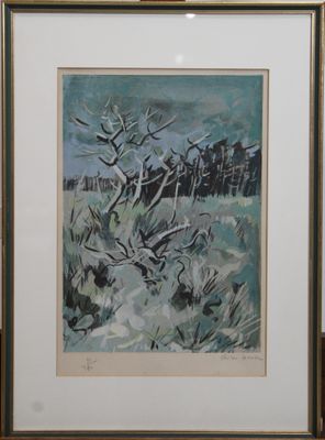 peinture représentant un paysage avec un arbre au premier plan et un bâtiment à l'arrière-plan