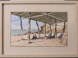 a painting of people sitting under a shelter on the beach