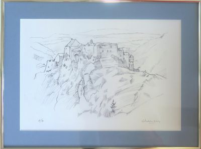 dessin représentant un château sur une colline, encadré d'un cadre bleu