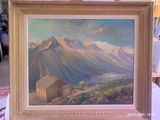 a picture of a painting of a mountain scene
