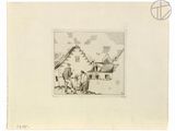 an old drawing of a group of people sitting outside a house