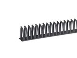 the comb is made of black plastic and has a long handle