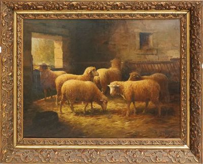 une peinture à l'huile représentant des moutons dans une grange, avec du foin par terre