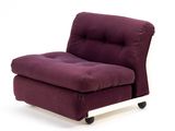 the chair is purple and white with a black foot rest